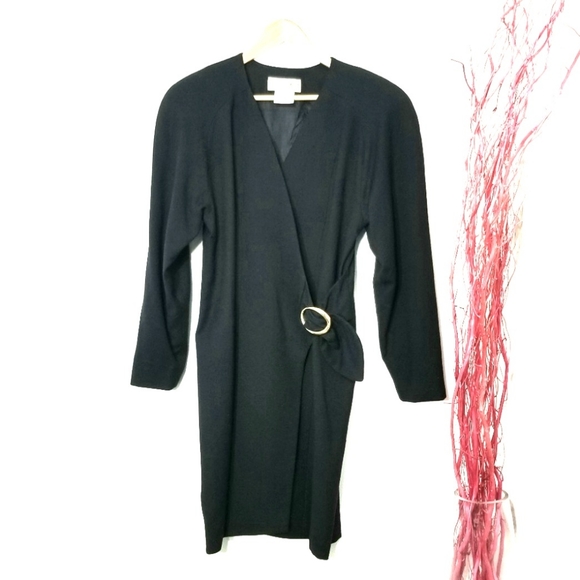 Nicole Neault Vintage Black Retro 100% Wool Bucklet Long Sleeve 80's Dress - Picture 7 of 9